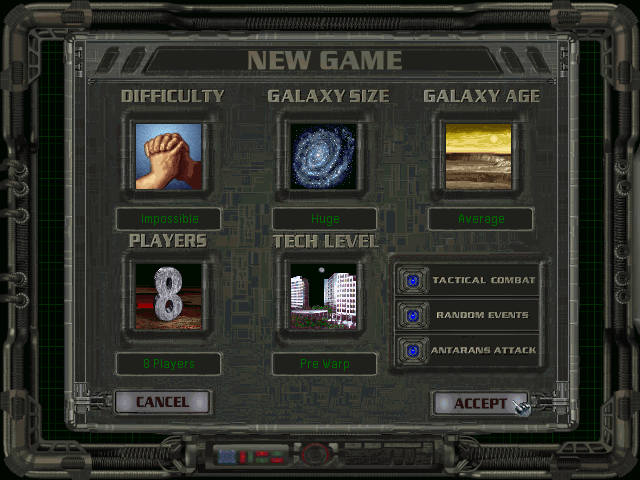 Master of Orion II game selection screen